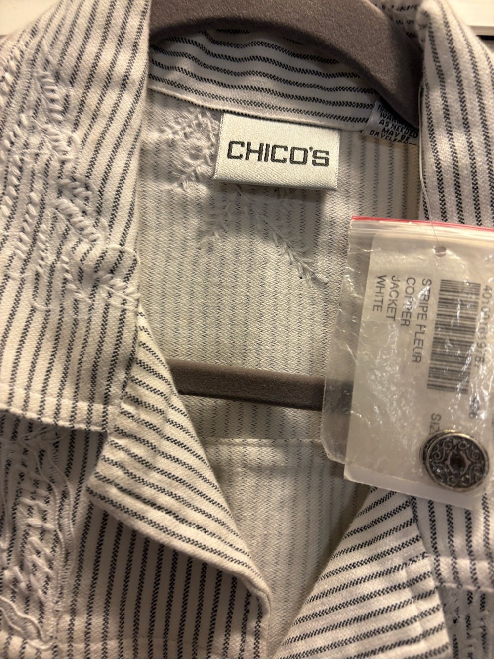 Chico's Embroidered Striped Button-Front Jacket - White & Gray - Picture 2 of 11